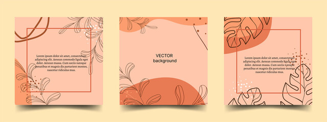 Square postcards with tropical leaf elements. Set of templates for social media, advertising promotion, brochures, flyers. Place for text