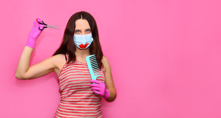Hairdresser with mask with painted lips cuts his hair. Concept Stylist's work in the Cold-19 coronavirus pandemic