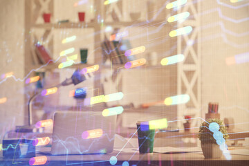 Double exposure of data theme drawing and office interior background. Concept of technology.