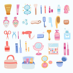 Big set with cute cliparts about body, hair, nail, face care and decorative cosmetics for the beauty. Vector colorful illustrations. Different bottles, brushes, products for the beauty procedures.