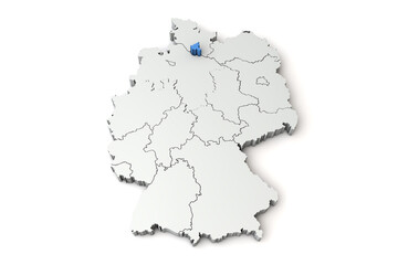 Map of Germany showing Hamburg region. 3D Rendering