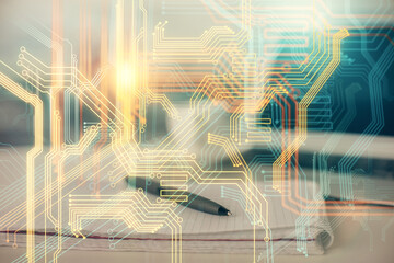 Multi exposure of world map drawings and desk with open notebook background. Concept of globolization