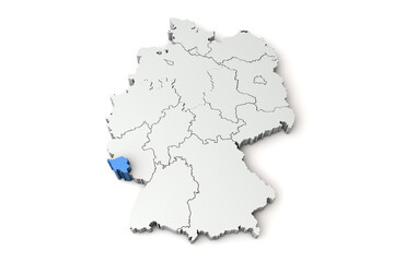 Map of Germany showing Saarland region. 3D Rendering