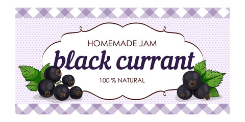 vector label of black currant with polka dot background and colored border