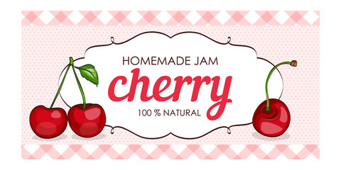 vector label of cherries with polka dot background and colored border