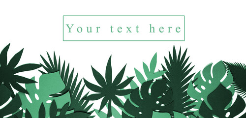 Creative layout of tropical leaves with "Your text here " inscription. Banner.