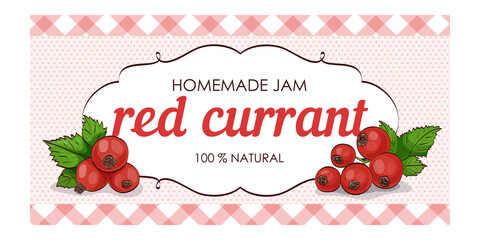 vector label of red currant with polka dot background and colored border