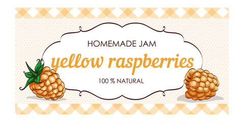 vector label of yellow raspberry with polka dot background and colored border