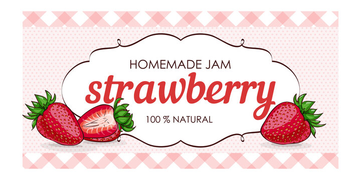 vector label of strawberry with polka dot background and colored border