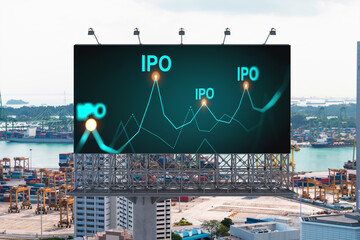 IPO icon hologram on road billboard over day time panorama city view of Singapore. The hub of...