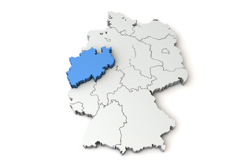 Map of Germany showing North Rhine Westphalia region. 3D Rendering
