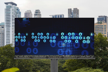 Glowing Social media icons on road billboard over panoramic city view of Bangkok, Southeast Asia. The concept of networking and establishing new connections between people and businesses.