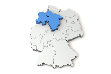 Map of Germany showing Lower Saxony region. 3D Rendering