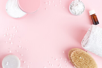 Set of home SPA cosmetic products. Dry Brush, Sea Salt, Scrub, Organic Oil, Towel. Anti-cellulite brush for dry body massage. Women's organic scin care. Prevent cellulite and body problem at home