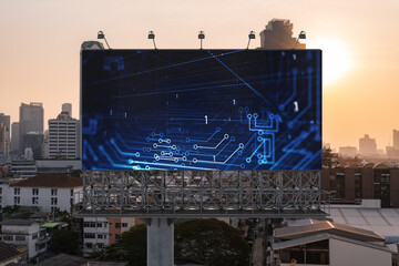 Glowing hologram of technological process on billboard, aerial panoramic cityscape of Bangkok at sunset. The largest innovative hub of tech services in Southeast Asia.