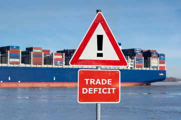 Warning sign with the text "Trade deficit" in front of a huge container ship.