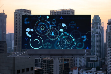 Glowing hologram of technological process on billboard, aerial panoramic cityscape of Bangkok at...