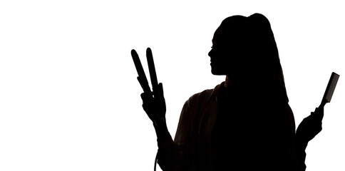 Woman hairstylist silhouette with an iron and a comb
