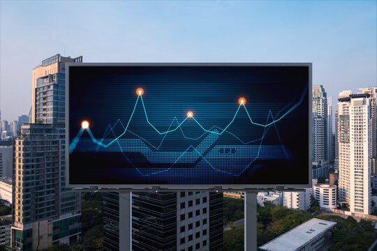 Glowing FOREX graph hologram on billboard, aerial panoramic cityscape of Bangkok at sunset. Stock and bond trading in Southeast Asia. The concept of fund management.