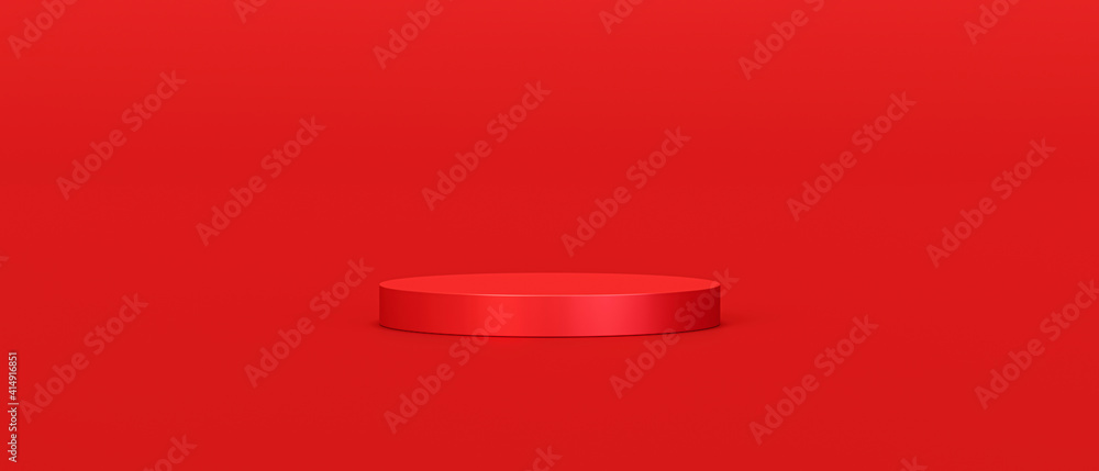 Poster Red product background stand or podium pedestal on empty display with blank backdrops. 3D rendering.
