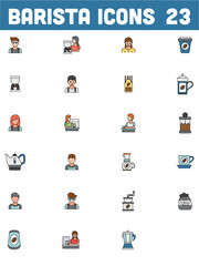 Set of 23 Barista Color Icons on White Background.