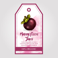 Label or sticker design with mangosteen illustration. Natural mangosteen jam. For natural or organic fruit products and health care goods.