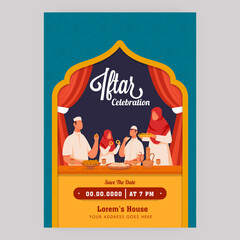 Iftar Celebration Invitation Card Or Flyer Design With Muslim Family Enjoying Foods And Event Details.