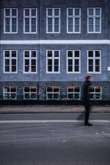 Some people are walking in front of a building in Copenhagen, Denmark, Nord Europe