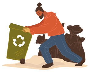 Man pulling container with garbage for recycling