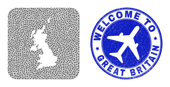 Vector mosaic United Kingdom map of airline elements and grunge Welcome seal. Mosaic geographic United Kingdom map designed as stencil from rounded square with air jorneys.