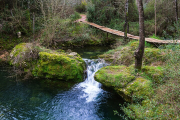 River in the forest of Beselga, Portugal. Forest with moss covered rocks and trees with river stream
