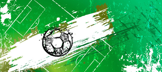 abstact background with soccer ball, football, field, paint strokes and splashes, grungy, free copy space