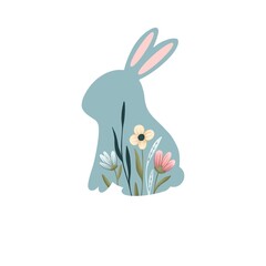 easter bunny. blue silhouette of a rabbit with spring flowers. festive color illustration. 