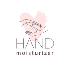 Hand cream emblem with two human hands icon over hear shape concept isolated on white background. Vector line art hand drawn illustration. For brand insignia, banner, advertisement, packaging etc.