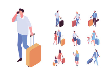 Isometric people in airport vector set. Trip and vacation. Crowd of people with luggage isolated on white background