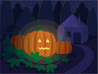 Smiling Halloween pumpkins glow in the dark, dark forest background and gatehouse.