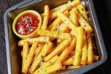 hot crispy baked polenta fries, top view