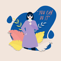 Young Woman Saying You Can Do It With Leaves Decorated On Blue And Beige Background.
