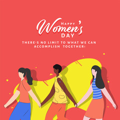 Happy Women's Day Concept With Cartoon Young Girls Holding Hands Each Other On Yellow And Red Background.