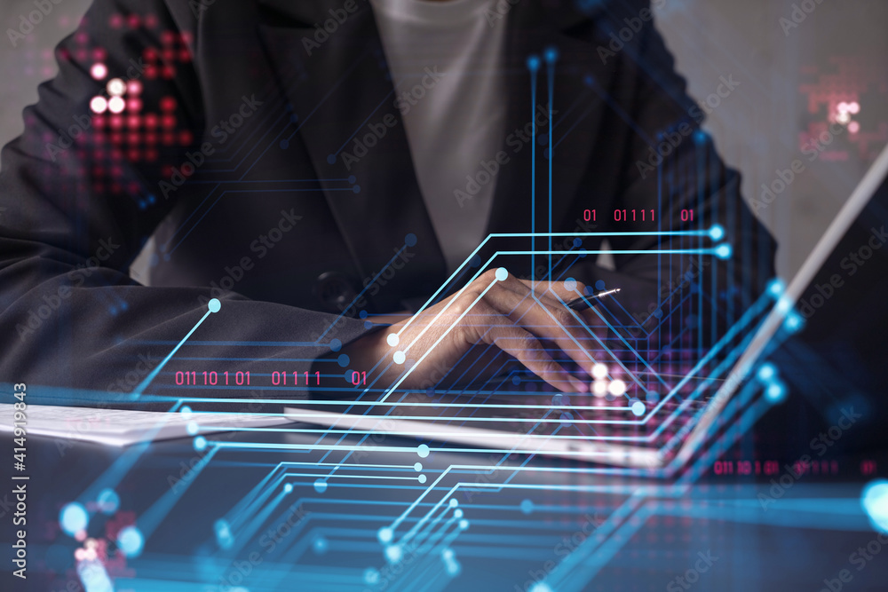 Poster woman typing the keyboard to create innovative software to change the world and provide a completely