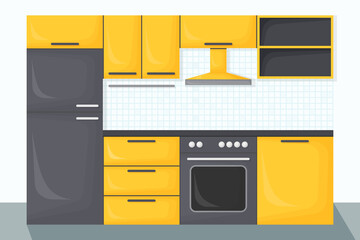 Modern yellow kitchen interior in cartoon style