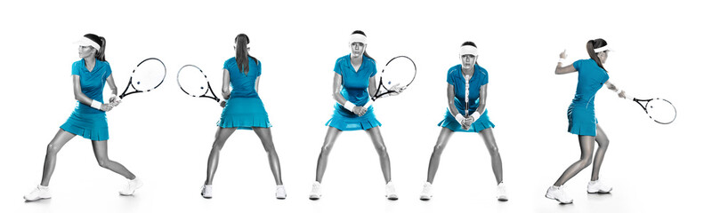 Tennis player with racket. Woman athlete isolated on white background. Tennis set with five players.