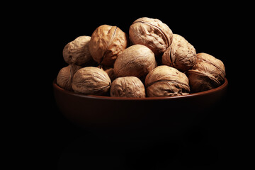 cup with walnuts on a black background