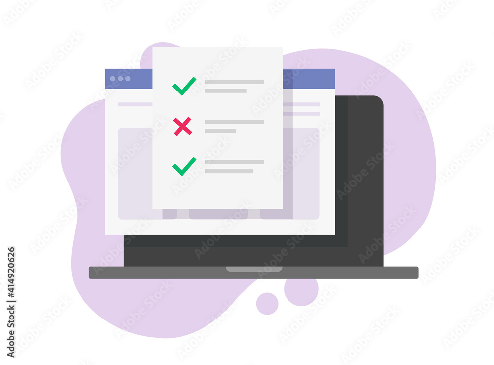 Poster online test exam result form with answers check marks choices vector flat cartoon illustration, digi