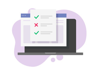 Online test exam result form with answers check marks choices vector flat cartoon illustration, digital questionnaire survey paper page on computer internet web service, education idea