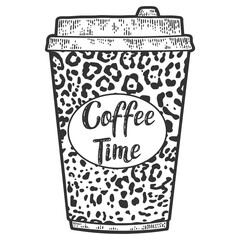 Coffee glass design, leopard coat color. Engraving raster illustration.