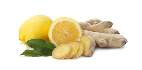 Fresh lemons and ginger on white background