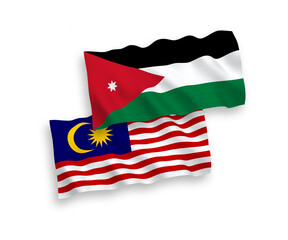 National vector fabric wave flags of Hashemite Kingdom of Jordan and Malaysia isolated on white background. 1 to 2 proportion.
