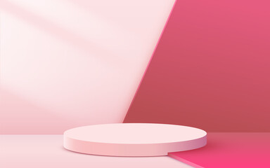 Abstract scene background. Cylinder podium on pink background. Product presentation, mock up, show cosmetic product, Podium, stage pedestal or platform. - obrazy, fototapety, plakaty