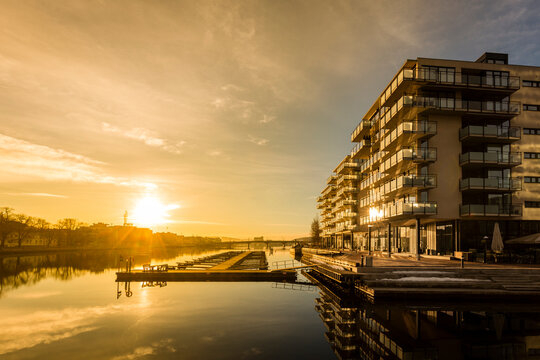 Sunrise in Drammen, Norway with new apartment buildings just next to Drammenselven (Drammen river